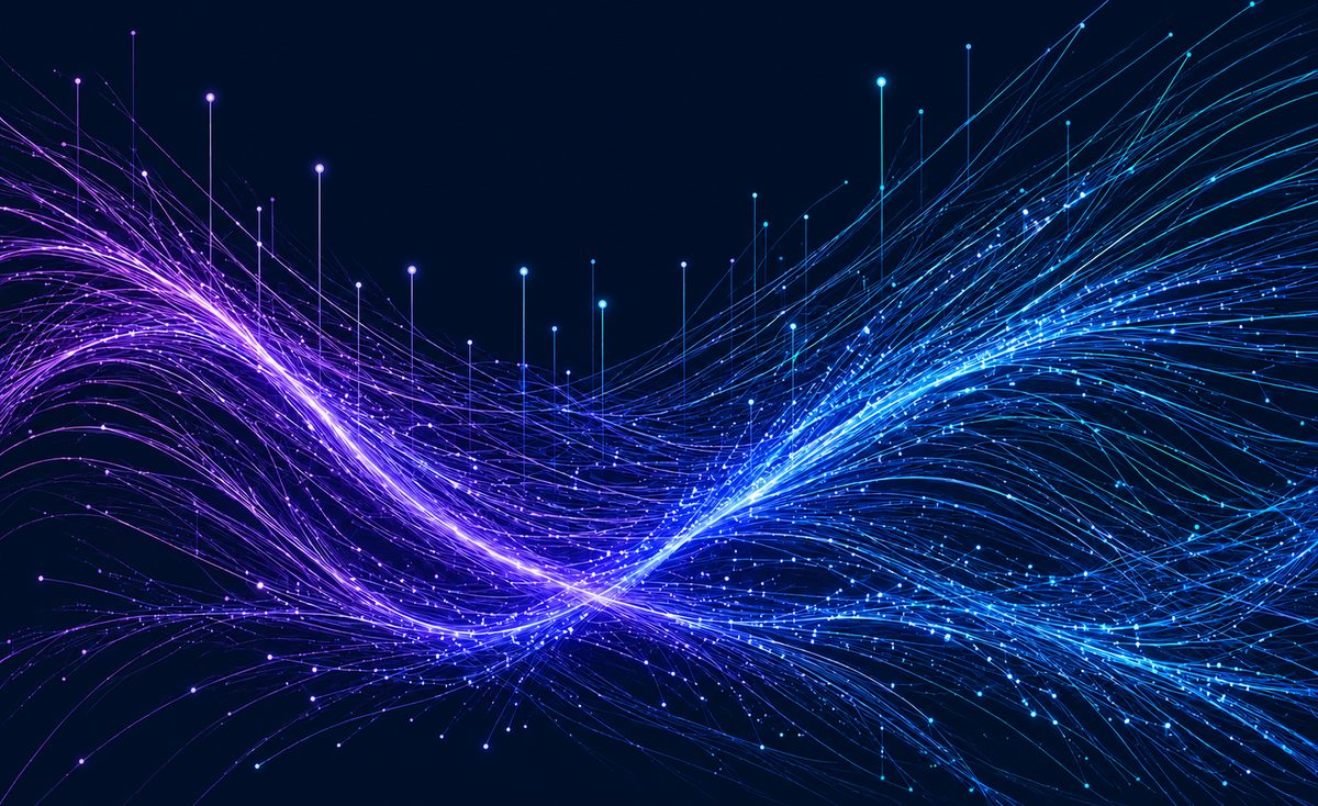 Crossflow wave artwork: intertwined light strands moving across a navy field