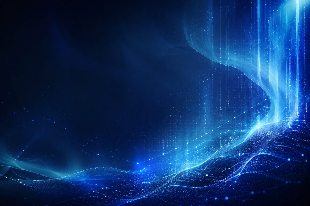 Aurora Intelligence backwall artwork: a deep navy field with violet and blue light