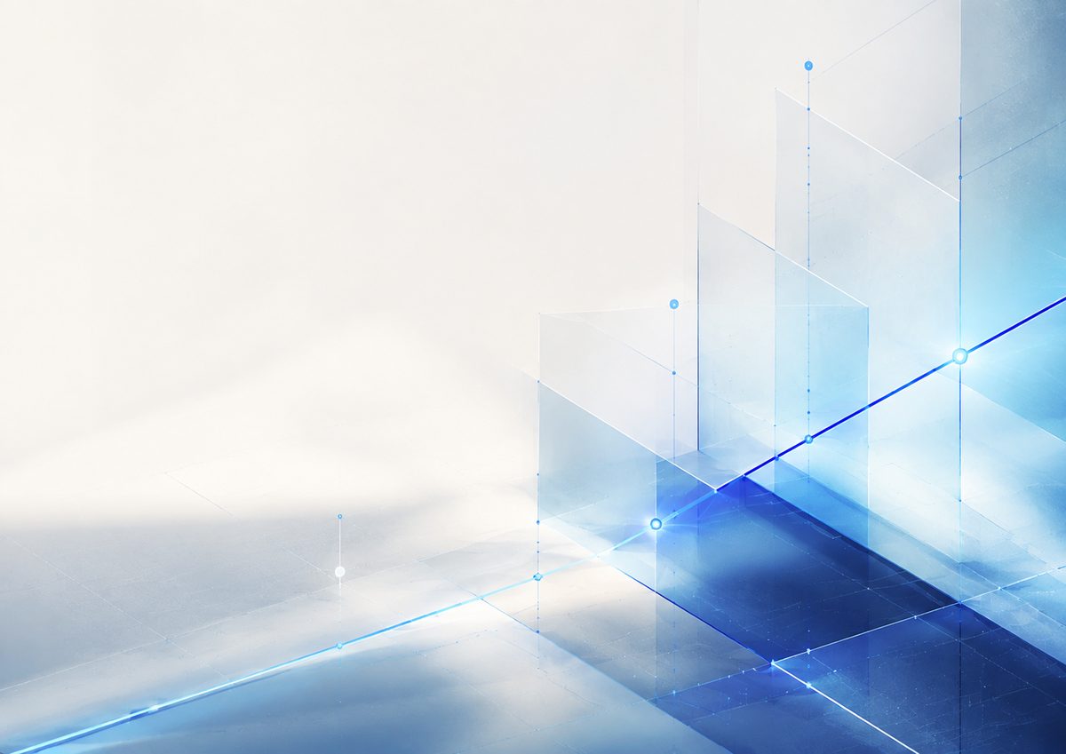 Aurora Intelligence backwall artwork: pale translucent planes and a thin blue trace over a light field